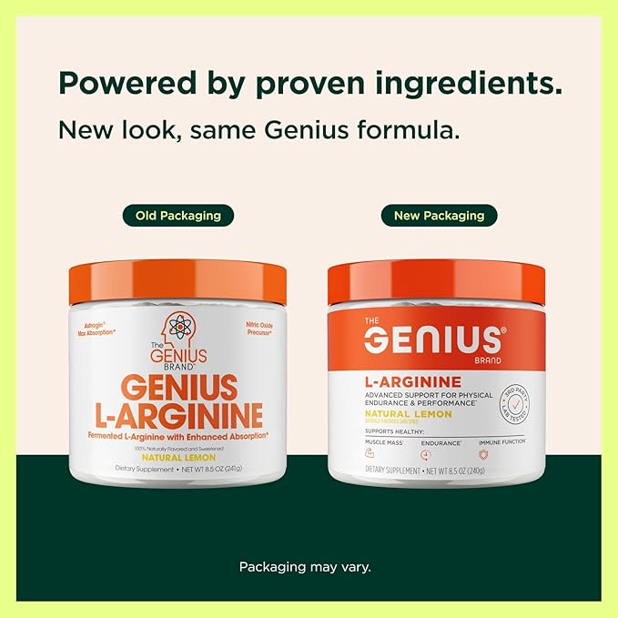 Genius L-Arginine Nitric Oxide Powder - Fermented L- Arginine Nutritional Supplements & Nitric Oxide Booster - Pre Workout, Natural Muscle Builder - 30 Servings, Lemon