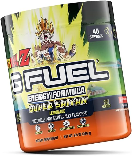 G Fuel Dragon Ball Z Energy Drink Powder, Pre Workout Caffeine Mix for Gaming, Sugar Free Focus Amino, Vitamin + Antioxidants, 9.9oz (Lemonade, 40 Servings)