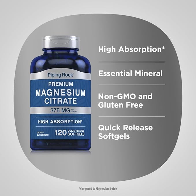Piping Rock Magnesium Citrate | 375 mg | 120 Softgels | High Absorption | Non-GMO, Gluten Free Supplement