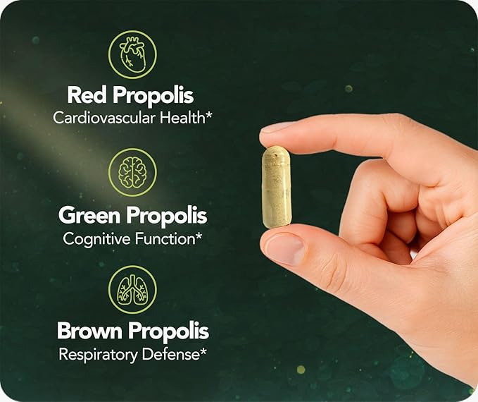 NaturaNectar - Ultimate Bee Propolis Capsules - NSF Contents Certified -Brazilian Red, Brown, & Green - Gluten-Free Supplement with Flavonoids - Naturally Sourced Through Ethical Beekeeping (60pcs.)