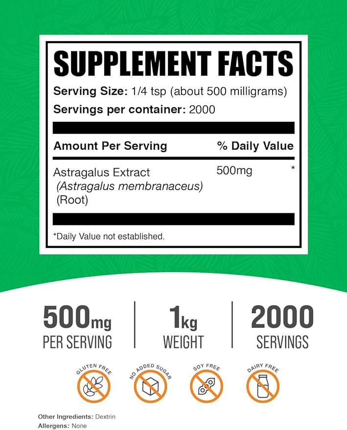 BulkSupplements.com Astragalus Extract Powder - Astragalus Root Powder, Herbal Supplement - Vegan & Gluten Free, 500mg per Serving, 1kg (2.2 lbs) (Pack of 1)
