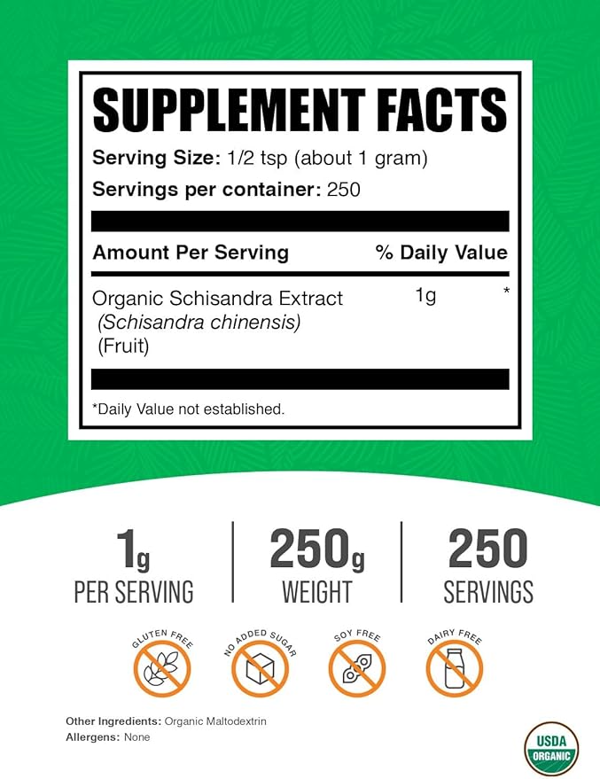 BulkSupplements.com Organic Schisandra Extract Powder - Schisandra Supplement, from Schisandra Berries, Herbal Supplement - Gluten Free - 1g per Serving, 250g (8.8 oz) (Pack of 1)