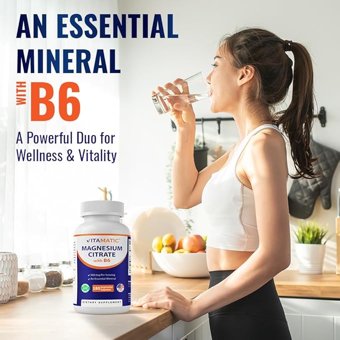 Vitamatic Magnesium Citrate 500mg per Serving - 180 Vegetarian Capsules (Provides 150 mg of Elemental Magnesium) - Added B6 for Maximum Absorption - Supports Muscle, Joint, and Heart Health*