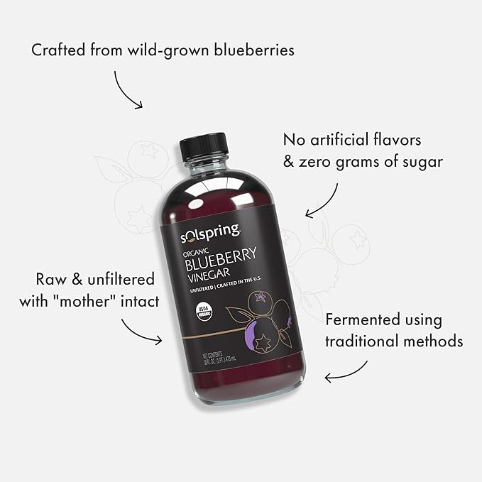 Dr. Mercola Solspring Organic Blueberry Vinegar, 2 Bottle (16 Fl. Oz.), Tart, Full-Bodied Flavor, non GMO, Soy Free, Gluten Free, USDA Organic