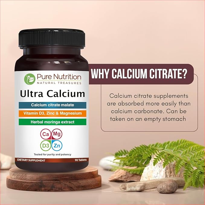 Pure Nutrition Ultra Calcium 1000mg with VIT D3 + K2 | 180 Tabs (90 X Pack of 2) | Highly absorbable Calcium Supplement with Calcium Citrate Malate, VIT D3, K2, Moringa Oleifera, Magnesium and Zinc.