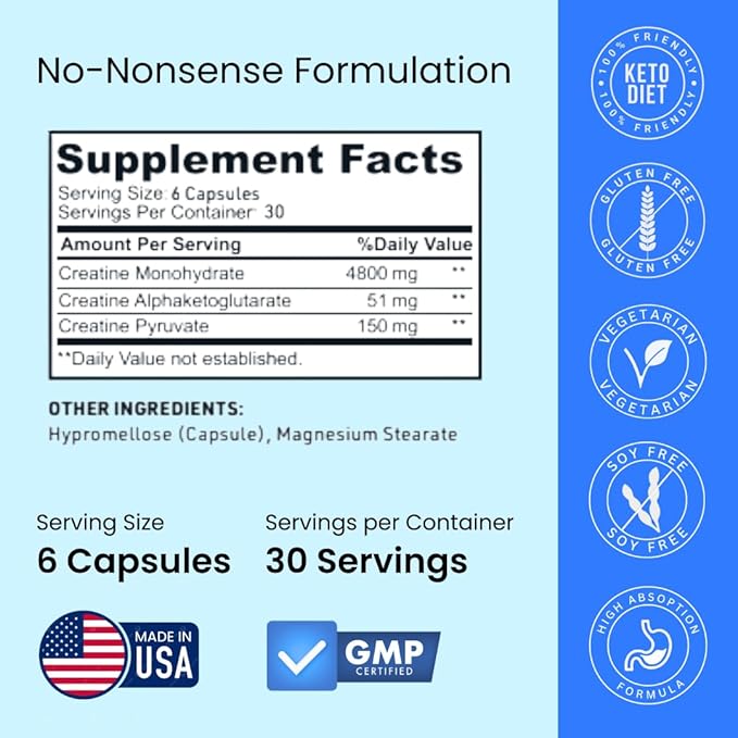 Creatine Capsules, 5g Premium 3X ThreeAtine Pre Workout Bulk Muscle Mass Gainer, High Absorption Easy to Take Creatine Monohydrate Pills Alternative Optimum Performance for Men Women, 180 Capsules