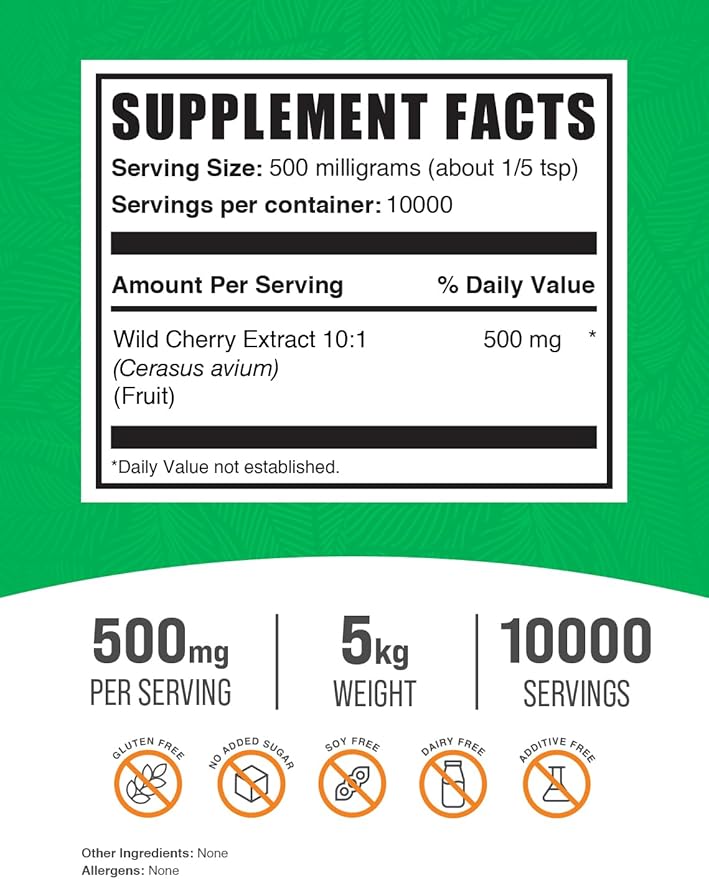BulkSupplements.com Wild Cherry Extract Powder - Cherry Supplement, Wild Cherry Powder - Herbal Supplement, Gluten Free, 500mg per Serving, 5kg (11 lbs) (Pack of 5)