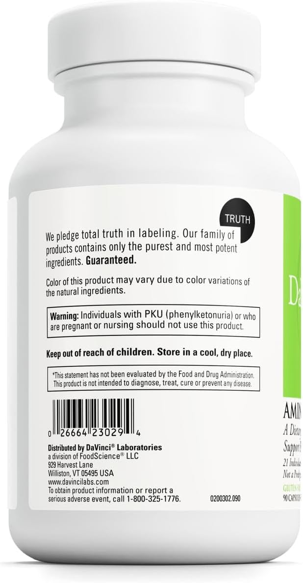 DAVINCI Labs Amino 21 - Supports Brain Function & Muscle Metabolism* - Amino Acid Dietary Supplement with L-Glutamine, L-Lysine HCl, Tyrosine, L-Arginine and More - Gluten-Free - 90 Capsules, 750 mg