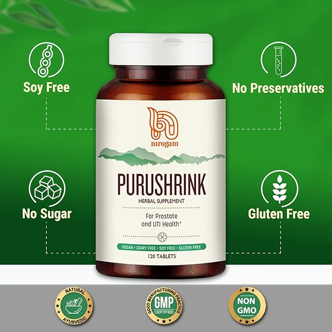 Purushrink Prostate Health Supplement for Men | Support Better Sleep and Urinary Health | Natural Ayurvedic Formula by Nirogam - 120 Tablets