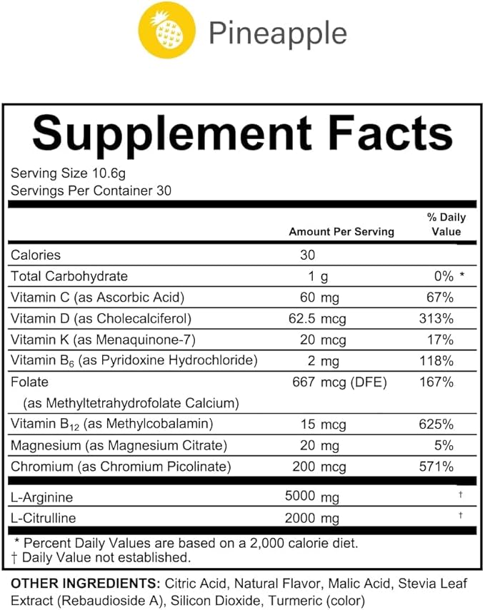 L-Arginine Complete, Pineapple - 5000mg L Arginine, Nitric Oxide Booster, Natural Supplement, Increases Energy and Endurance