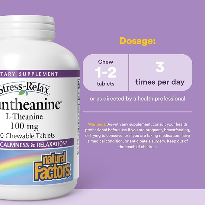 Natural Factors Stress-Relax Chewable Suntheanine L-Theanine 100 mg, Non-Drowsy Stress Support for Mental Calmness and Relaxation, Tropical Fruit Flavor, 120 Tablets