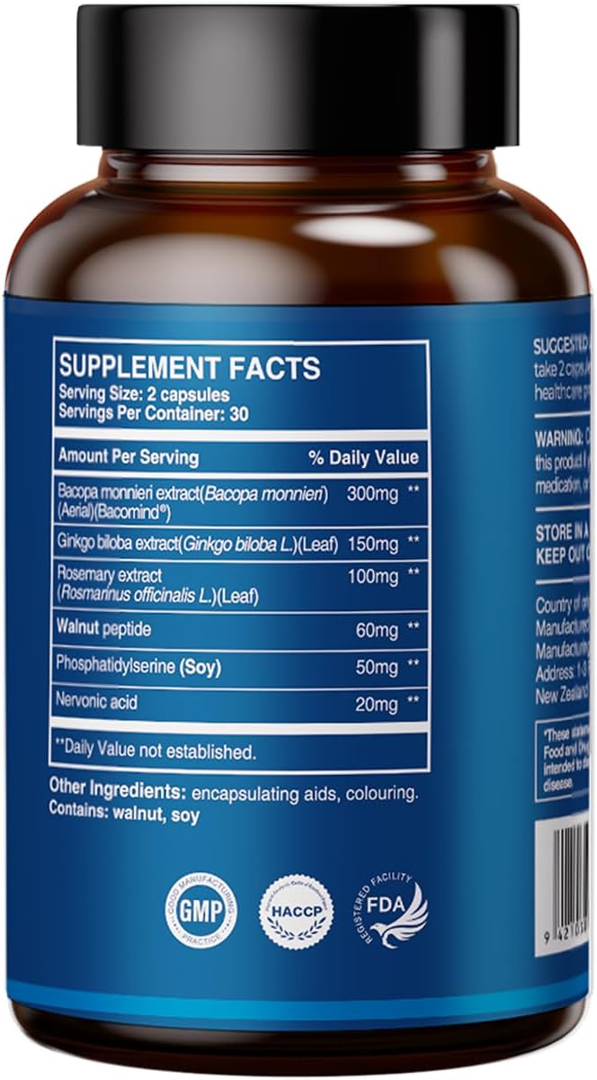 HUJ Brain Health - Brain Supplements for Memory and Focus - Brain & Nervous System Health Support with Bacopa, Phosphatidylserine, Ginkgo Biloba, Rosemary, Walnut Peptide, Nervonic Acid - 60 Capsules