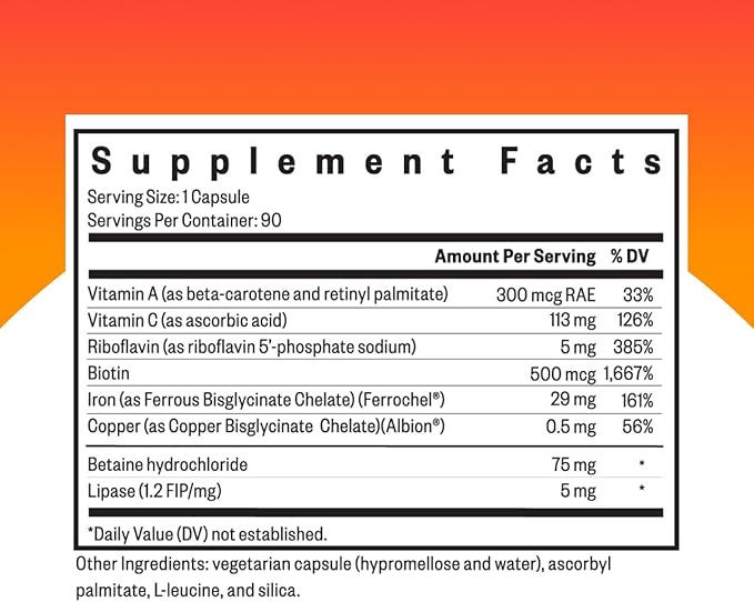 Seeking Health Optimal Iron with Cofactors, as Ferrochel Ferrous Bisglycinate, Vitamin A and C Cofactors, Digestive Enzymes for Optimal Iron Absorption, Vegan and Vegetarian (90 Capsules)*