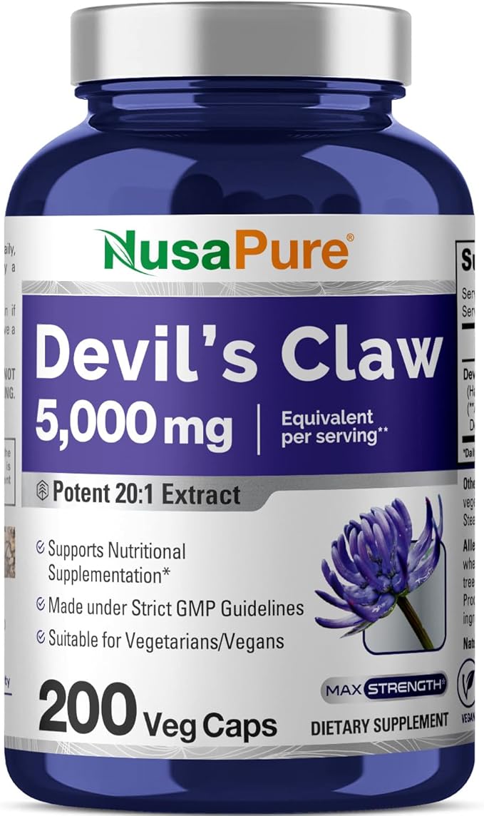 NusaPure Devil's Claw 20:1 Extract, 250 mg Equivalent to 5000mg, 200 Veggie Capsules, Concentrated Root Extract, Devils Claw Herbal Supplement, Non-GMO, Vegan Supplement