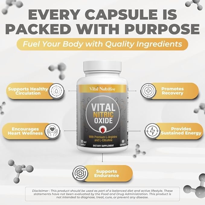 Vital Nitric Oxide Supplements for Men - Workout Booster Supplement for Men - Nitrous Oxide Boost Blood Flow, Blood Pressure, Energy & Workout Performance with L Arginine L Citruline-30 Days Supply