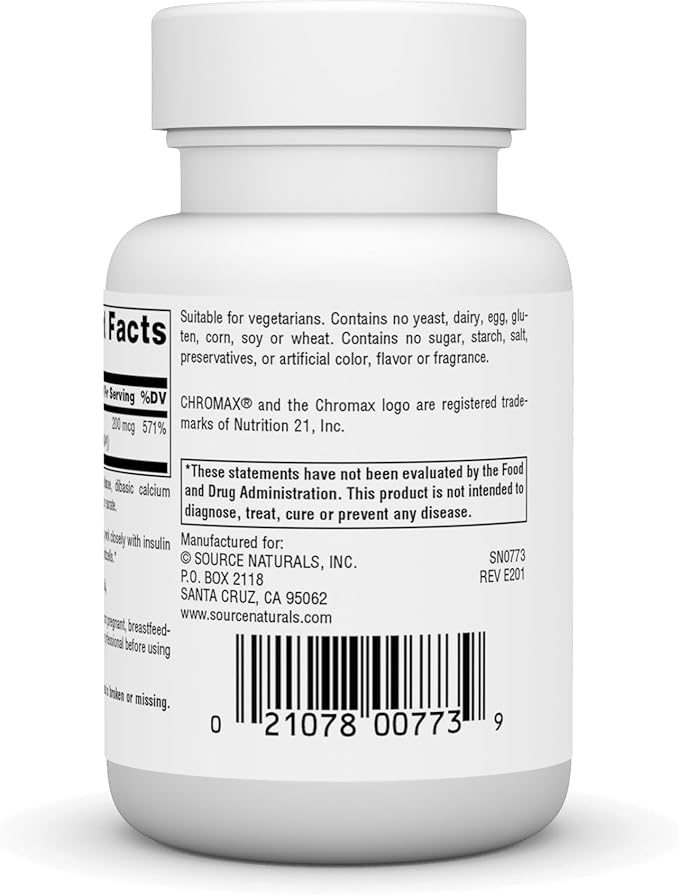 Source Naturals Chromium Picolinate, Yeast Free Chromium, 200 mcg - 60 Tablets