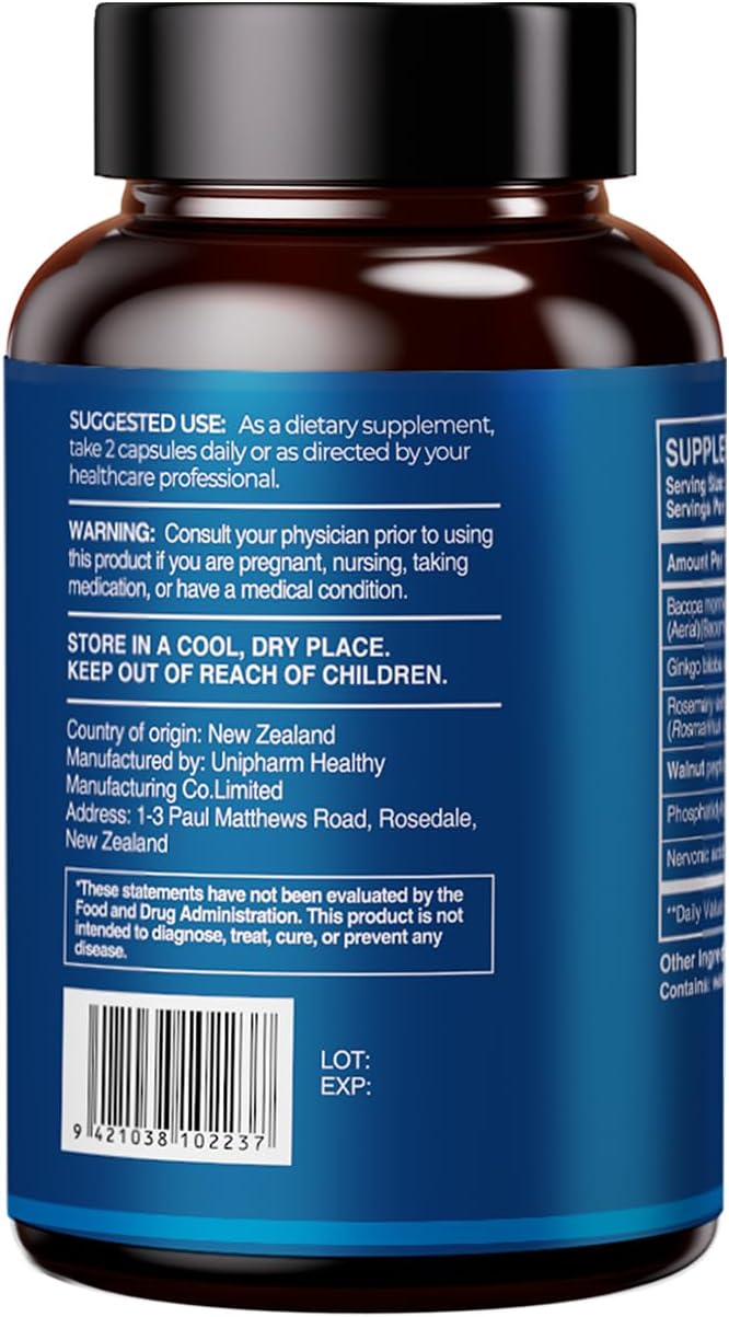 HUJ Brain Health - Brain Supplements for Memory and Focus - Brain & Nervous System Health Support with Bacopa, Phosphatidylserine, Ginkgo Biloba, Rosemary, Walnut Peptide, Nervonic Acid - 60 Capsules