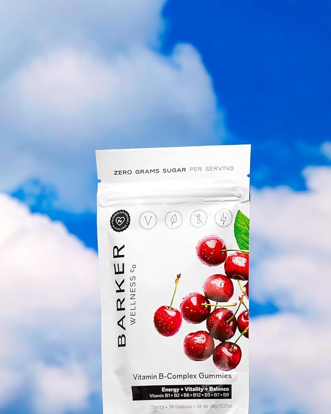 Barker Wellness Vitamin B-Complex Gummies | Energy & Metabolism Support | B1, B5, B6, B7, B9, B12 | Vegan, Sugar-Free | Cherry Flavor | 30 Gummies