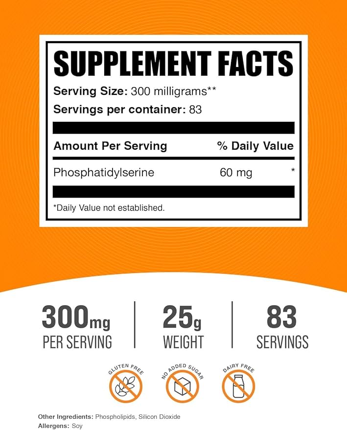 BulkSupplements.com Phosphatidylserine Powder - Phosphatidylserine Supplement, Sourced from Soy Beans - 300mg per Serving (60mg of Phosphatidylserine), 25g (0.88 oz) (Pack of 1)