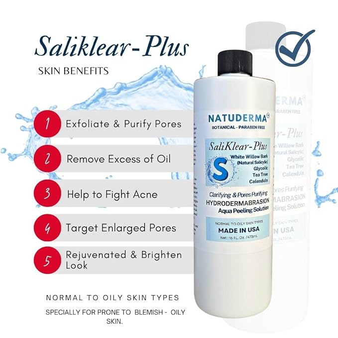 Hydrodermabrasion Serum SALIKLEAR, Extraction - Exfoliation -Unclog Pores Solution for Wet Microdermabrasion or Aqua Peeling machine, 16 oz. by Natuderma.