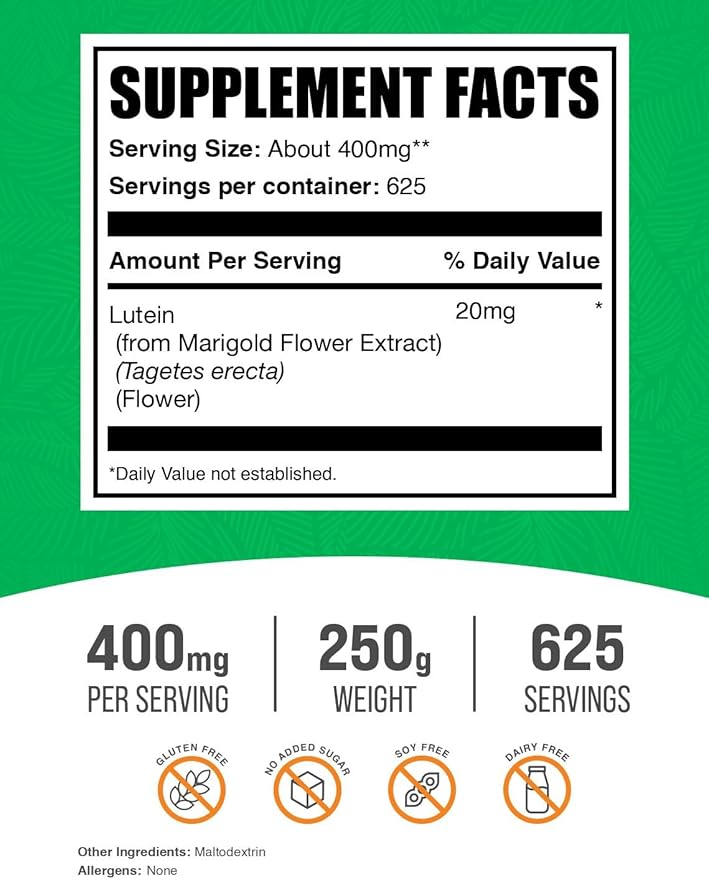 BulkSupplements.com Lutein Powder - from Marigold Flower Extract, Eye Supplement, Lutein 20mg - Antioxidant Source, Gluten Free, 400mg per Serving, 250g (8.8 oz) (Pack of 1)