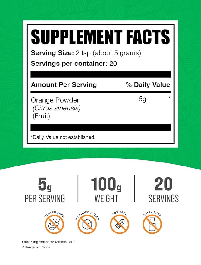 BulkSupplements.com Orange Powder - Orange Fruit Powder, Nutrient-Rich Flavoring - Gluten Free, 5g per Serving, 100g (3.5 oz) (Pack of 1)