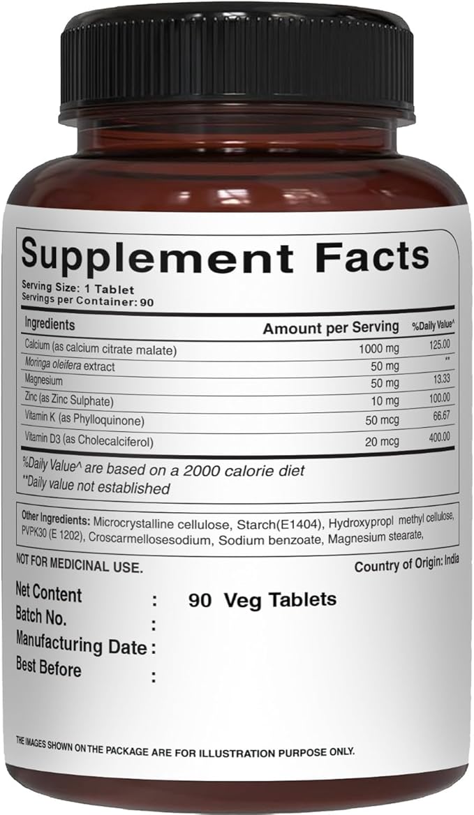 Pure Nutrition Ultra Calcium 1000mg with VIT D3 + K2 | 180 Tabs (90 X Pack of 2) | Highly absorbable Calcium Supplement with Calcium Citrate Malate, VIT D3, K2, Moringa Oleifera, Magnesium and Zinc.