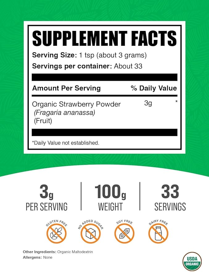 BulkSupplements.com Organic Strawberry Powder - Fruit Powder from Organic Strawberries - No Sugar Added & Gluten Free, 3g per Serving, 100g (3.5 oz) (Pack of 1)