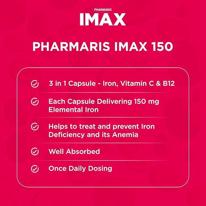 IMAX 150 mg Iron Supplement, 250 mg VIT C, 1000 mcg VIT B12, 30 Capsules, Treatment for Iron Deficiency Anemia, Once Daily Dosing