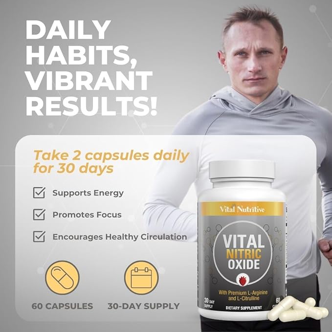 Vital Nitric Oxide Supplements for Men - Workout Booster Supplement for Men - Nitrous Oxide Boost Blood Flow, Blood Pressure, Energy & Workout Performance with L Arginine L Citruline-30 Days Supply