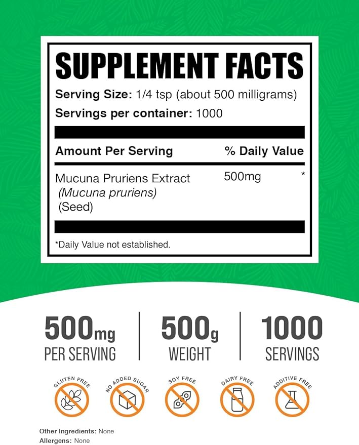 BulkSupplements.com Mucuna Pruriens Extract Powder - Mucuna Pruriens Supplements, Herbal Supplement - Vegan & Gluten Free, 500mg per Serving, 500g (1.1 lbs) (Pack of 1)