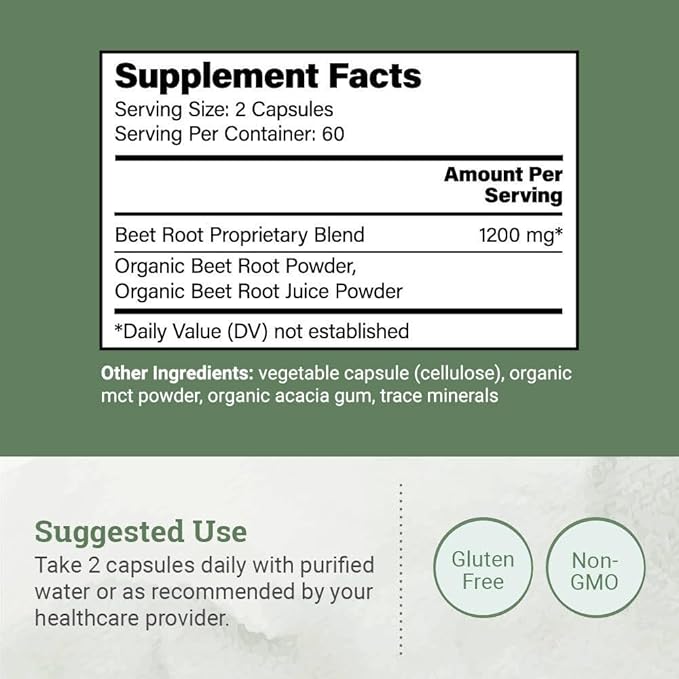 Organic Beet Root Capsules 1200 mg - Beet Root Powder & Juice Blend Supplement for High Blood Pressure and Circulation, Blood Flow Supplement for Men and Women - 120 Capsules