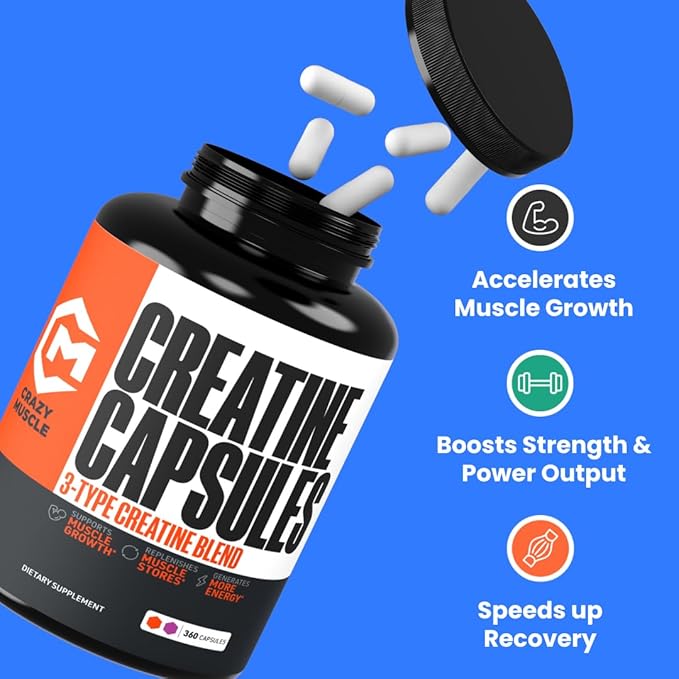 Creatine Capsules, 5g Premium 3X ThreeAtine Pre Workout Bulk Muscle Mass Gainer, High Absorption Easy to Take Creatine Monohydrate Pills Alternative Optimum Performance for Men Women, 180 Capsules