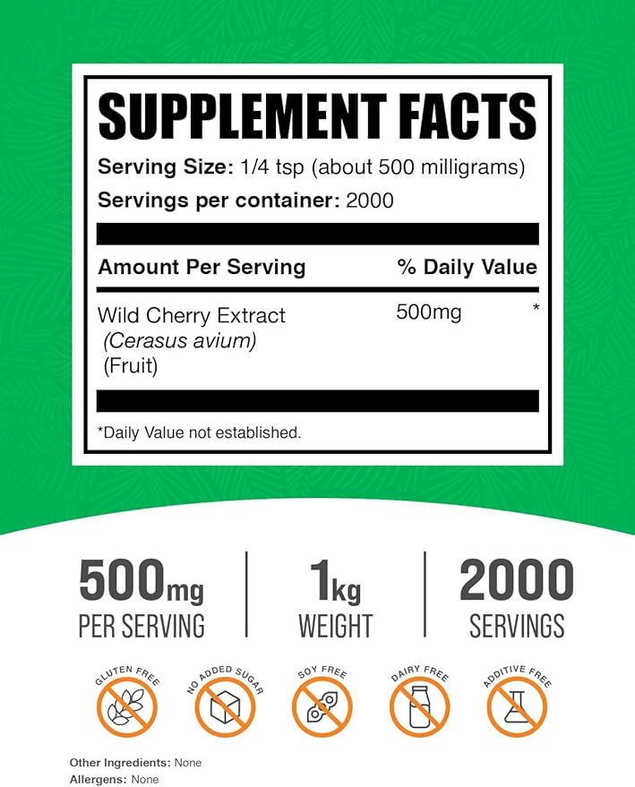 BulkSupplements.com Wild Cherry Extract Powder - Cherry Supplement, Herbal Supplement - Gluten Free, 500mg per Serving, 1kg (2.2 lbs) (Pack of 1)
