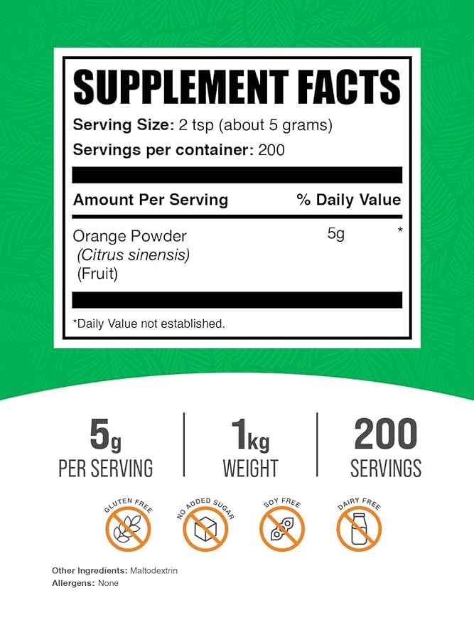 BulkSupplements.com Orange Powder - Orange Fruit Powder, Nutrient-Rich Flavoring - Gluten Free, 5g per Serving, 1kg (2.2 lbs) (Pack of 1)