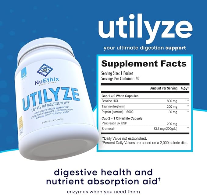 NuEthix Formulations Utilyze Enzymes for Digestive Wellness, Dietary Supplement for Nutrient Absorption, 60 Travel Packets