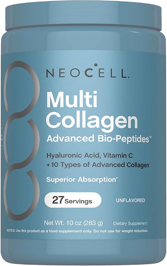 NeoCell Multi Collagen Bio-Peptides Powder | 22oz | Advanced with Hyaluronic Acid and Vitamin C | 10 Super Types of Collagen | Superior Absorption | Grassfed Protein Supplement |