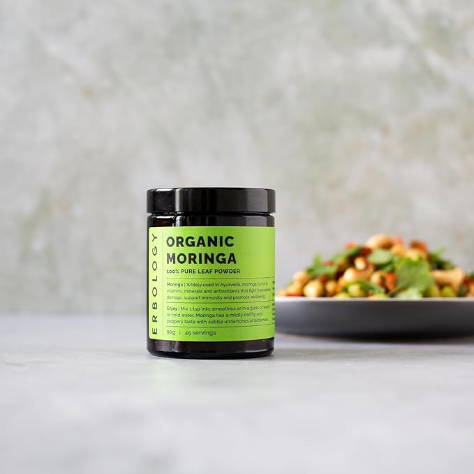 Erbology Organic Moringa Leaf Powder 3.2 oz - 45 Servings - Body Cleansing - Immunity Support - Rich in Iron - Sustainably Sourced Straight from Farm in India - Small Batch - Vegan - GMO-Free