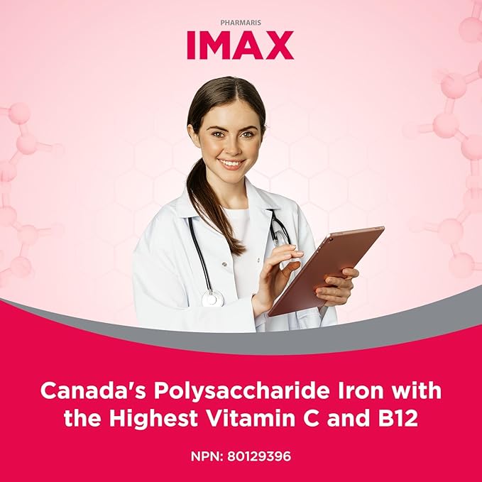 IMAX 150 mg Iron Supplement, 250 mg VIT C, 1000 mcg VIT B12, 30 Capsules, Treatment for Iron Deficiency Anemia, Once Daily Dosing