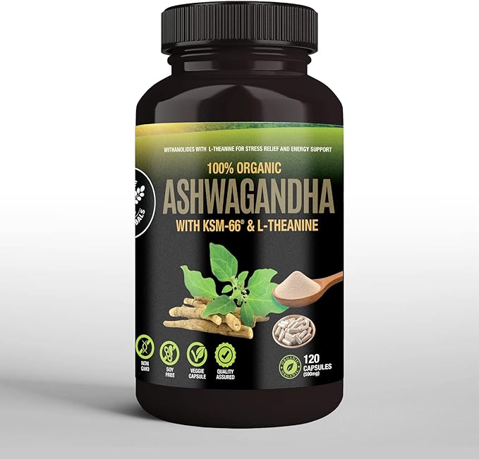 Organic Ashwagandha Capsules 500 mg with KSM-66® & L-Theanine, 120 Veggie Capsules – Non-GMO, Gluten-Free, Soy-Free – Withania Somnifera Herbal Supplement
