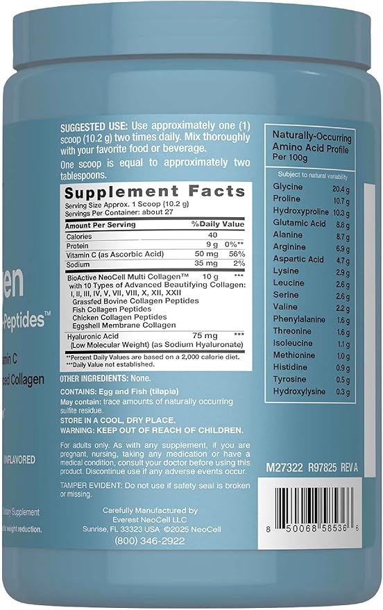 NeoCell Multi Collagen Bio-Peptides Powder | 22oz | Advanced with Hyaluronic Acid and Vitamin C | 10 Super Types of Collagen | Superior Absorption | Grassfed Protein Supplement |