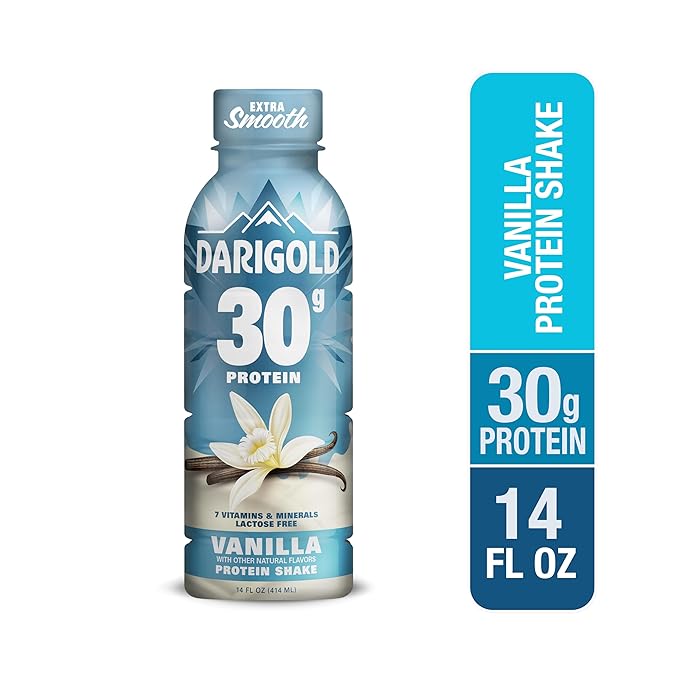 Darigold Ready to Drink Vanilla Protein Shake, 30g Protein, No Added Sugar, Lactose Free, Only 160 Calories. Electrolytes, Gluten Free - 14oz bottles 12 pack
