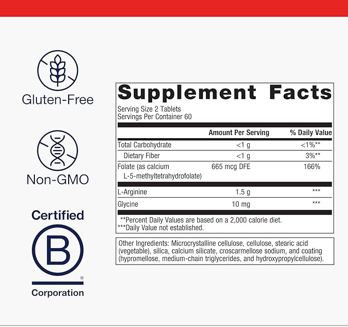 Metagenics Arginine Plus - 1.5 g L-Arginine - Supports Blood Flow & Heart Health* - 665 mcg DFE Folate (as Calcium L-5-Methyltetrahydrofolate) - Non-GMO, Vegetarian & Gluten-Free - 120 Count