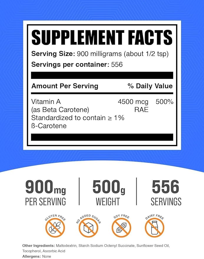 BulkSupplements.com Beta Carotene Powder - Vitamin A Supplements, Beta Carotene Supplements - for Vision & Eye Support, Gluten Free, 900mg per Serving, 500g (1.1 lbs) (Pack of 1)