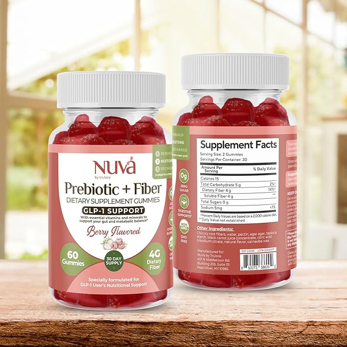 NuVa by Trulore Prebiotic + Fiber Gummies | GLP-1 User Nutritional Support | Sugar Free Fiber Gummies for Adults | Berry Flavor | Non-GMO Digestive Balance for Men & Women | 60 Gummies - 30 day Supply