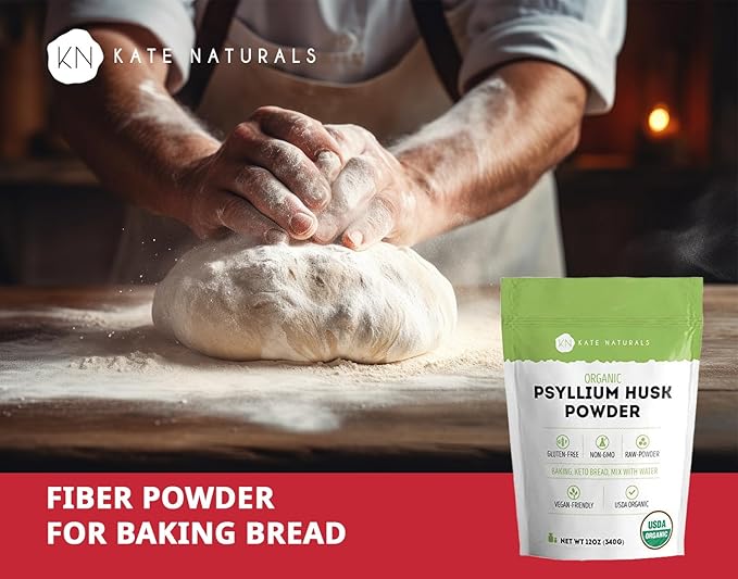 Kate Naturals Psyllium Husk Powder for Baking, Fiber & Digestion. Psyllium Seed Powder for Dogs & Cats (12oz, Organic, Gluten Free, Pet Safe)