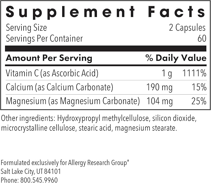 Allergy Research Group Buffered Vitamin C - Buffered Vitamin C 100mg per Serving, Ascorbic Acid Powder Capsules with Calcium Magnesium Complex, Immune Health - 120 Capsules