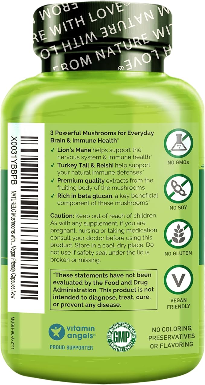 NATURELO Mushroom Supplement – Brain & Immune Health Blend with Lion’s Mane, Reishi, Turkey Tail – 90 Vegan Friendly Capsules (Pack of 2)