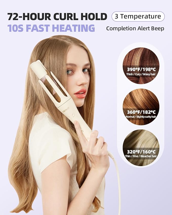 Automatic Hair Curler, 1 1/4 Inch Rotating Curling Iron with 3 Temp, 500 Million Ionic, 2-Way Rotation,10S Fast Heating, Anti-Scald, Anti-Tangle Rotating Curling Wand for Different Hair Types