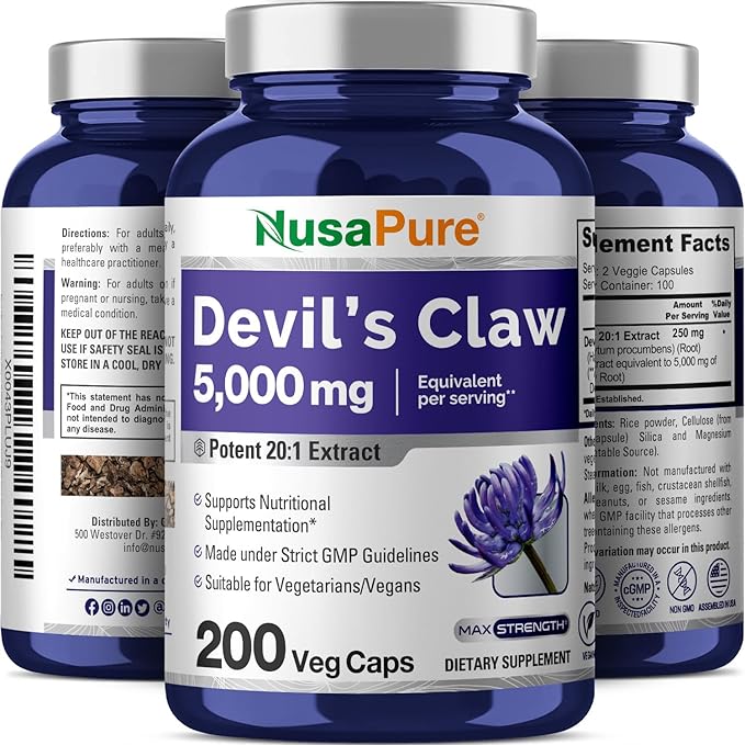 NusaPure Devil's Claw 20:1 Extract, 250 mg Equivalent to 5000mg, 200 Veggie Capsules, Concentrated Root Extract, Devils Claw Herbal Supplement, Non-GMO, Vegan Supplement